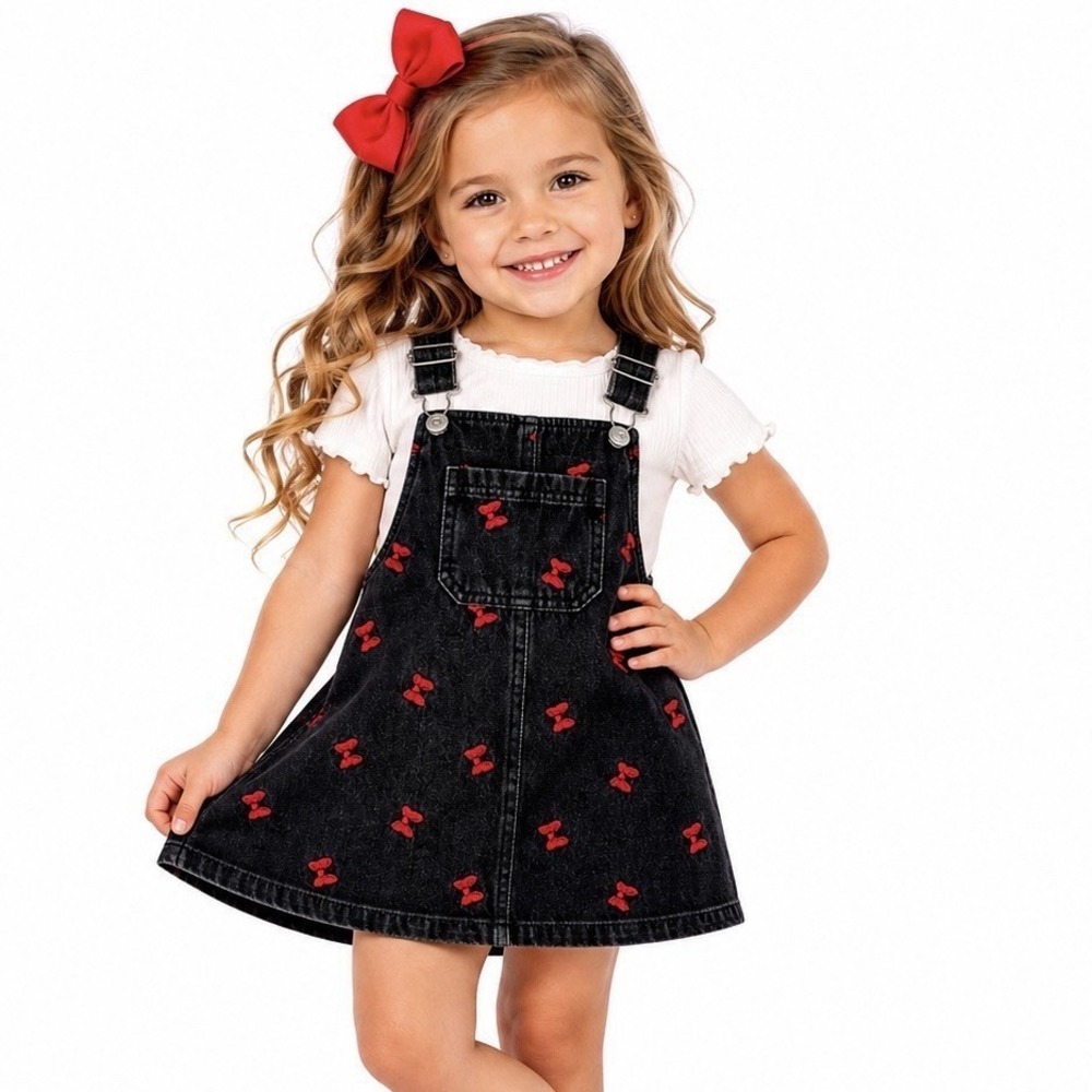 Disney Minnie Mouse Girls 4T Denim Overall Dress Black Red Bow AOP Embroidered